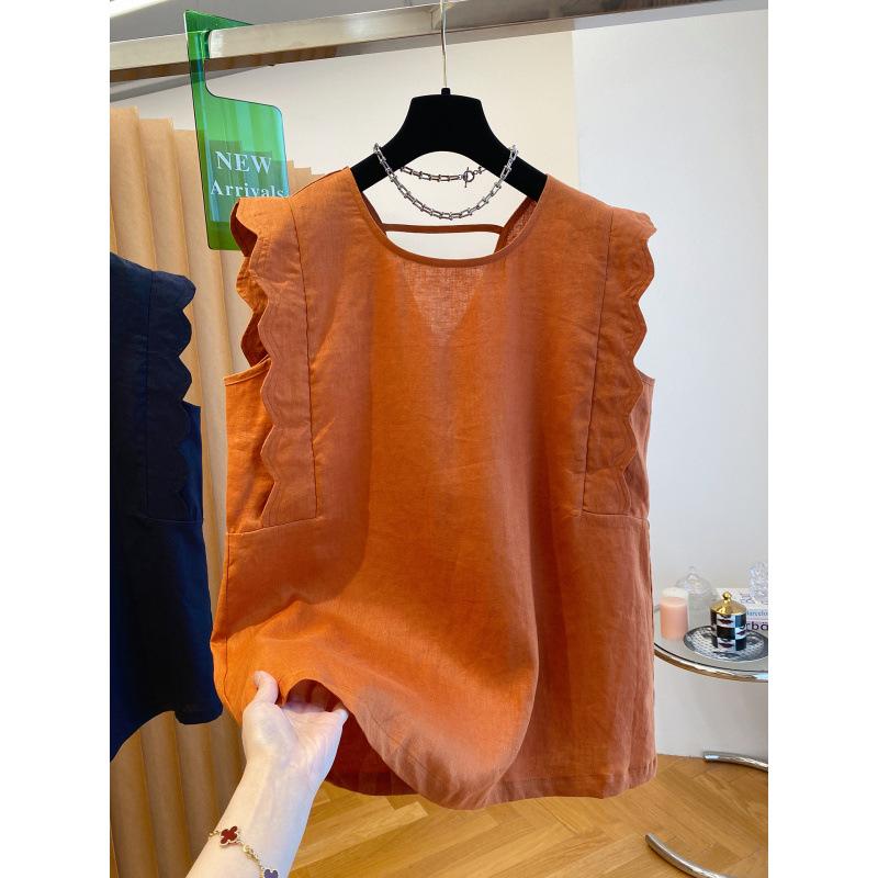 Women Orange Cotton Linen Blend Sleeveless Blouse Scallop Edge Casual Summer Tank Top M