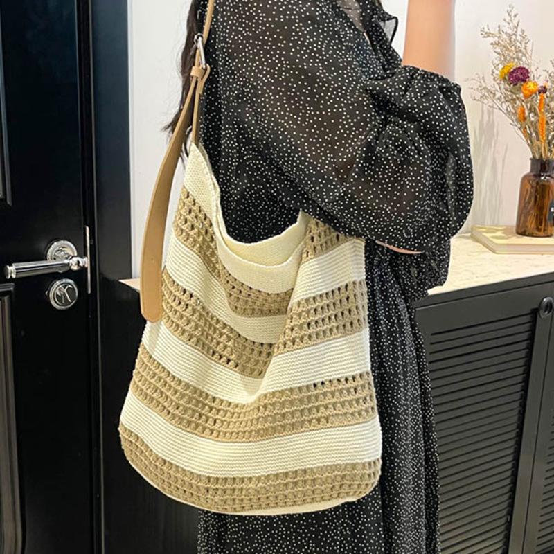Large Capacity Woven Bag Knitted Spring New Tote Hollow One-shoulder Seaside Commuter Vacation Beach Bag Girl