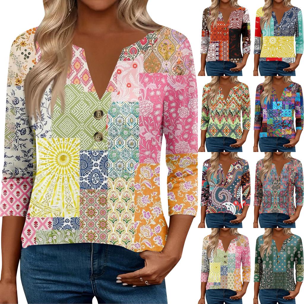 3/4 Sleeve Womens Tops For Women Henely Tops Button V Neck Loose Fit Dressy Womens Summer Tops