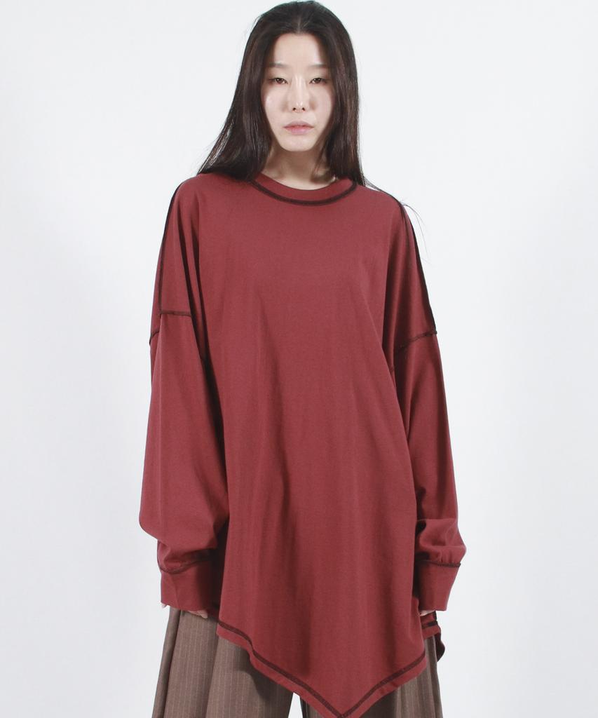 Deumakeu Oversized Asymmetrical Long Sleeve T-Shirt Burgundy