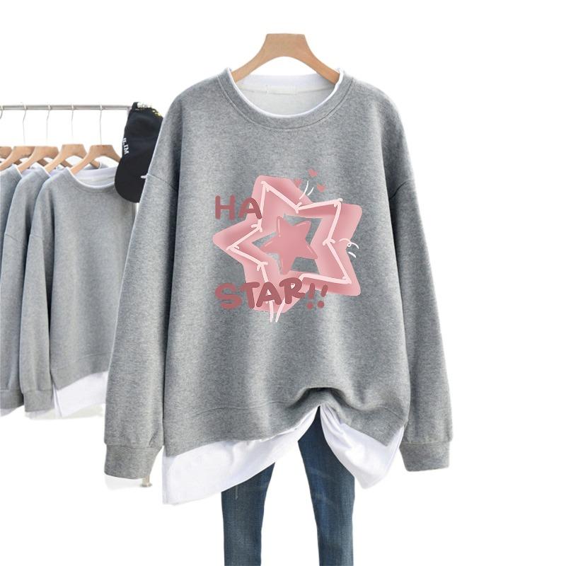 Star Print Fake Two Women's Plus Size Hoodie Long Sleeved Round Neck Sweatshirt  Autumn Warm Woman Loose Casual Top