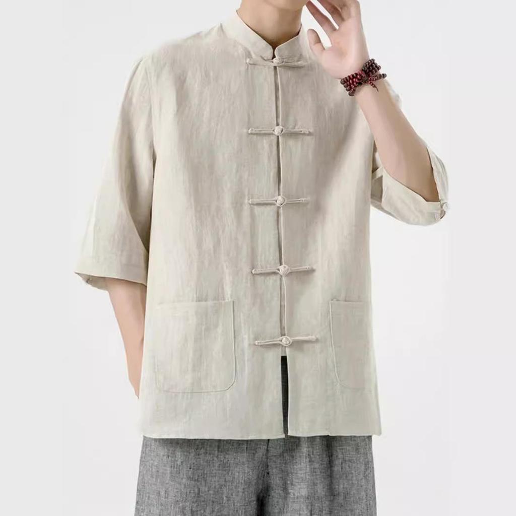 Chinese Style Men's Linen Shirt, Chinese Style Tang Suit, Cotton and Linen Men's Three-quarter Sleeve Shirt, Summer Retro Stand-up Collar