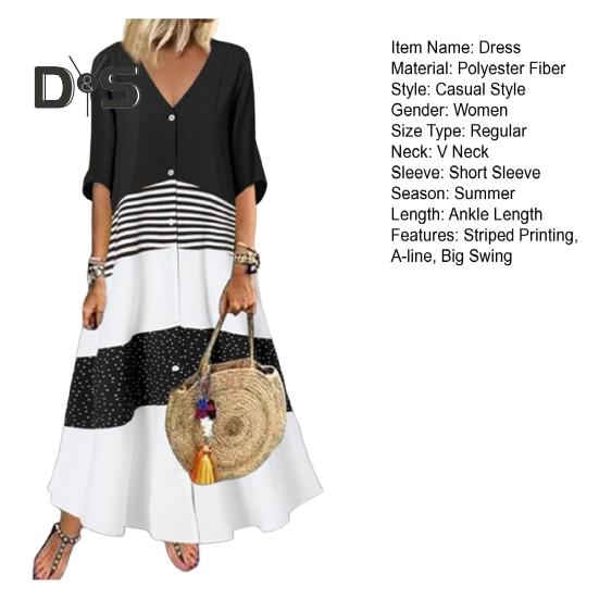 Summer Maxi Dress Contrast Color Maxi Dress Striped Single-breasted A-line Big Swing Short Sleeve Patchwork Dress