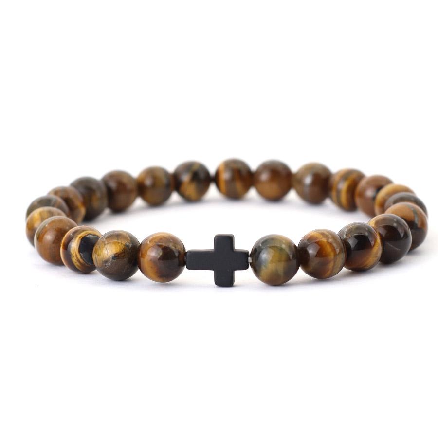 Minimalist Cross Bracelet Men Natural Tiger Eyes Lava Howlite Stone Beaded Braclet Healing Meditation Casual Accessories Joias