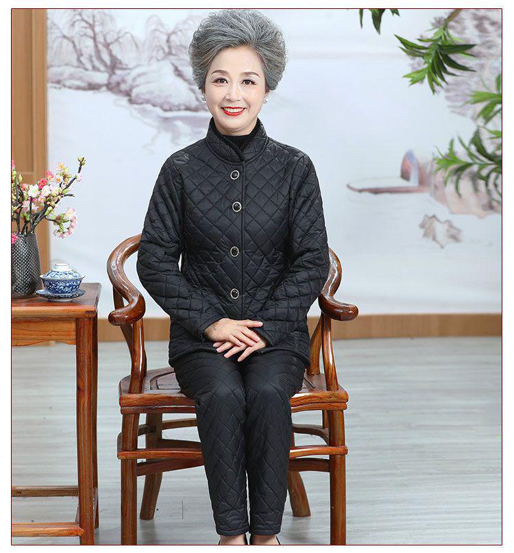 Warm Winter Three-Piece Set for Elderly Women: Fleece-Lined Cotton Coat and Pants