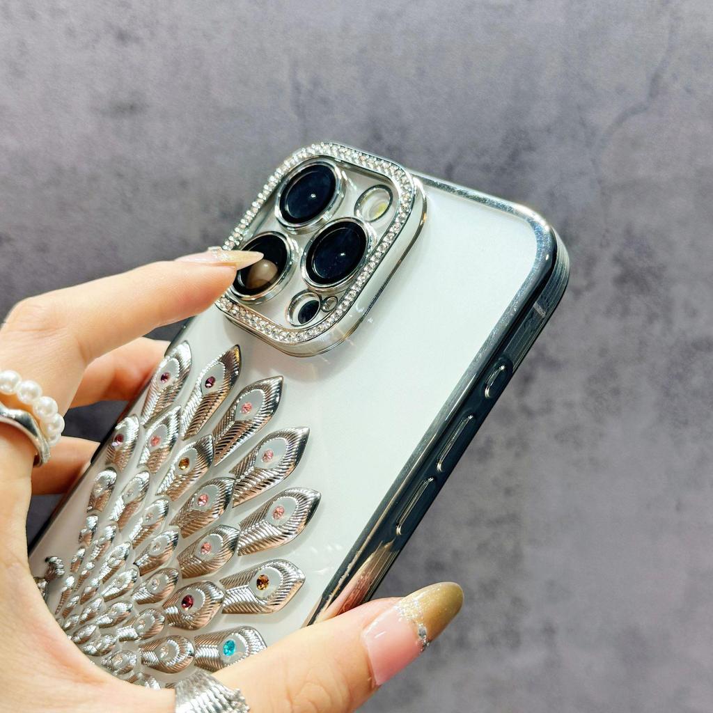 Electroplated Peacock Rhinestone Case for iPhone 15/16/17 Pro Max