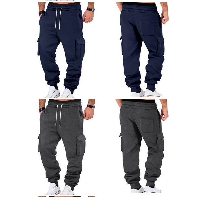 Men Fleece Casual Cargo Pants Loose Multi Pocket Drawstring Long Trousers