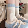 Women's Autumn Cotton Ambiance Contrast Color Bow Button Boneless Tube Pile Socks