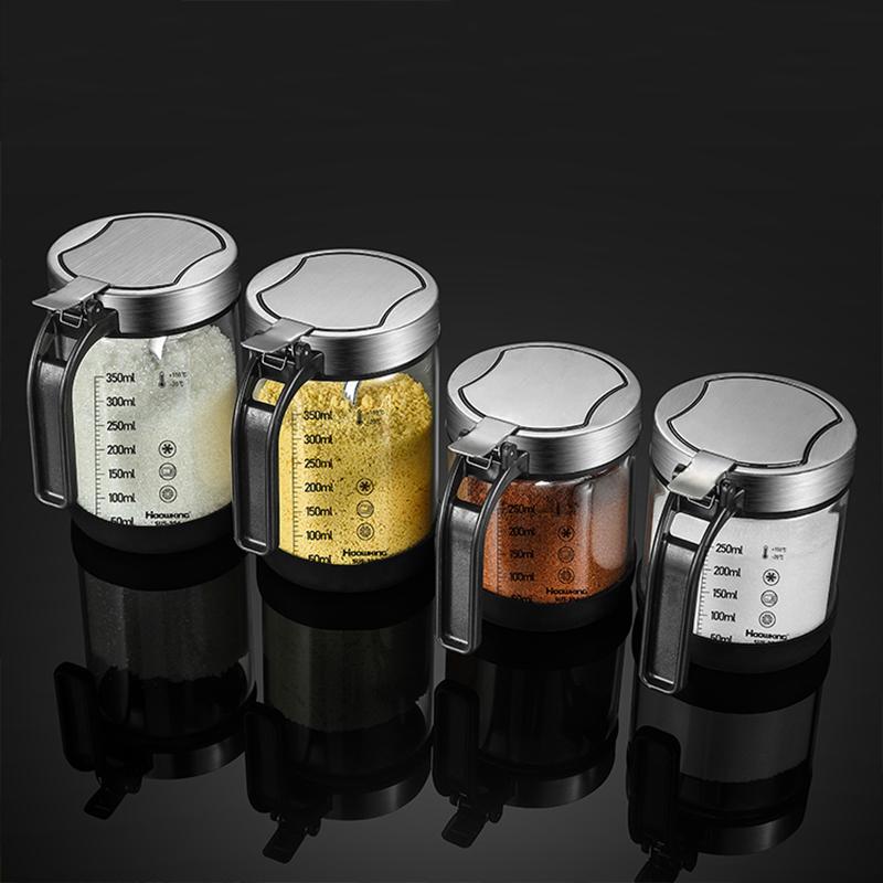 1pc Spices Glass Seasoning Jar with Spoon Sugar Bowl Salt Shaker Seasoning Container Kitchen Supplies Storage Set Spice Boxes