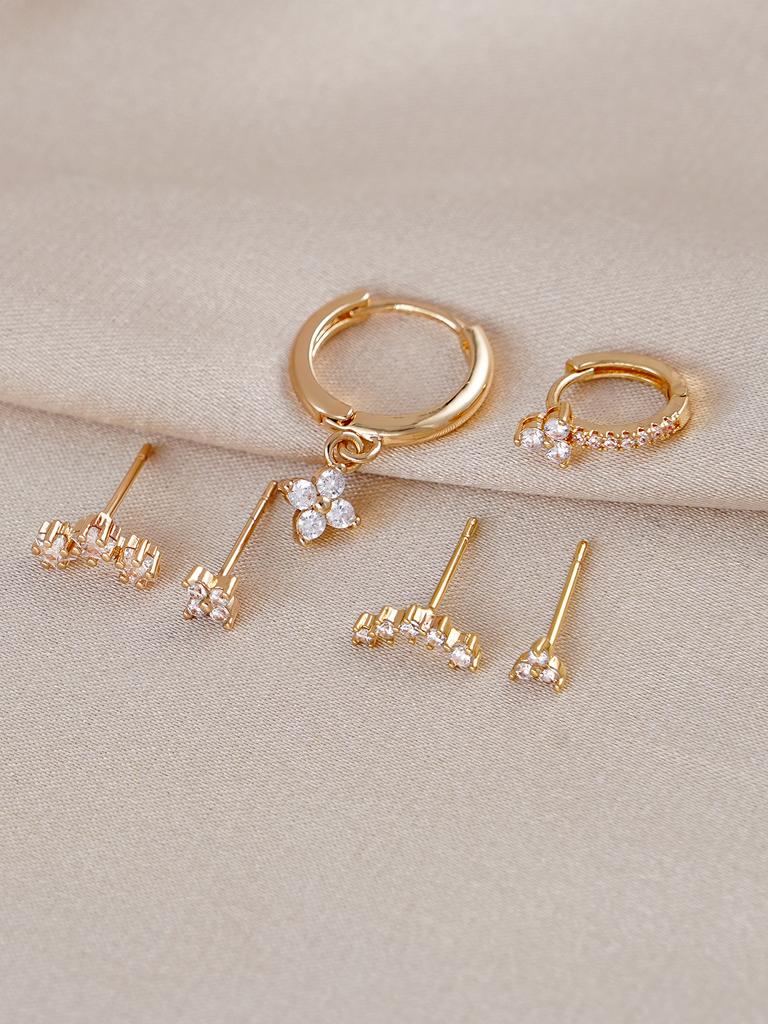 6pcs Romantic Sweet Cubic Zirconia Flower Pentagram Earrings Set for Women Daily Wear Fashion Jewelry Accessory