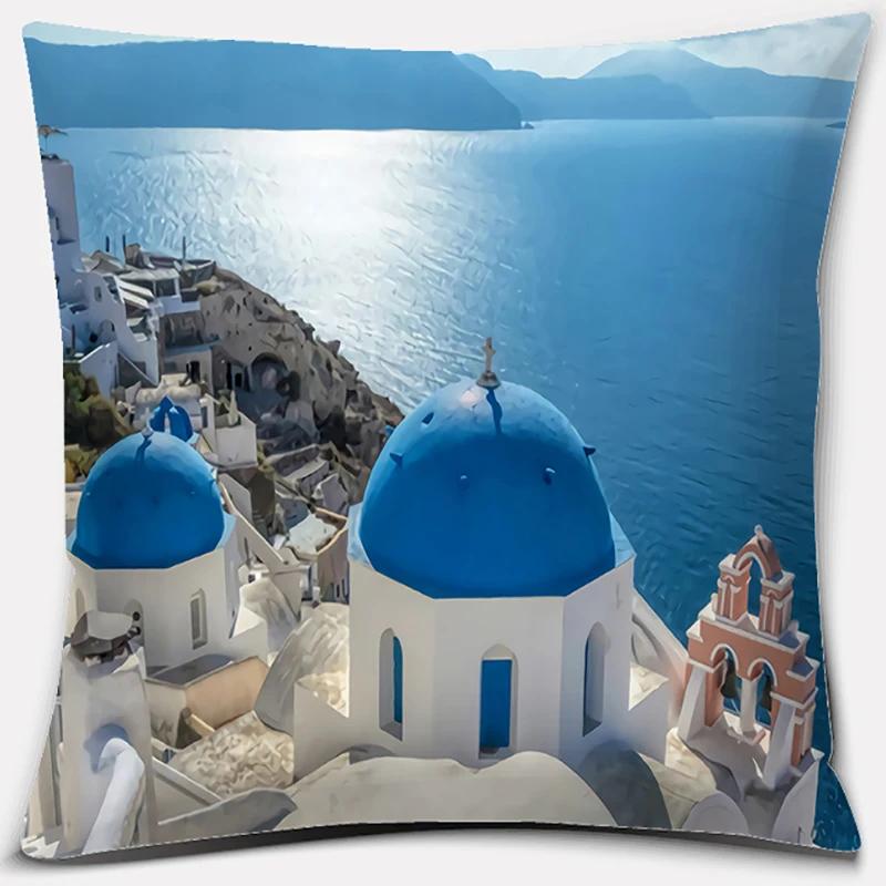 45x45cm Nordic Blue and White Castle Scenery Pillowcase Comfortable Sofa Seat Cushion Cover Hotel Home Decor Embrace Pillowcase