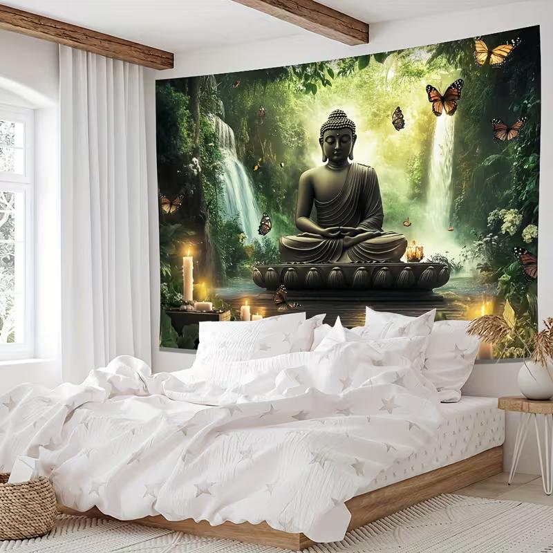Colgante de pared con paisaje de cascada en bosque de Buda místico 2D, Tapiz de fondo estético para sala de yoga espiritual