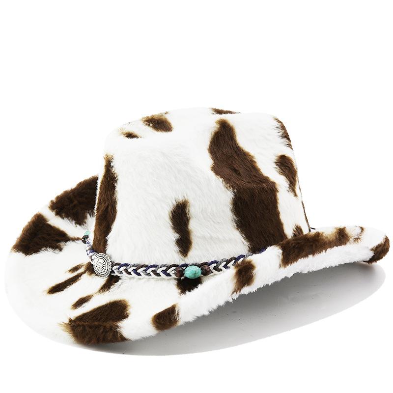 Cowboy hat autumn and winter new milk pattern fashion plush top hat with bull head hat belt warm versatile hat