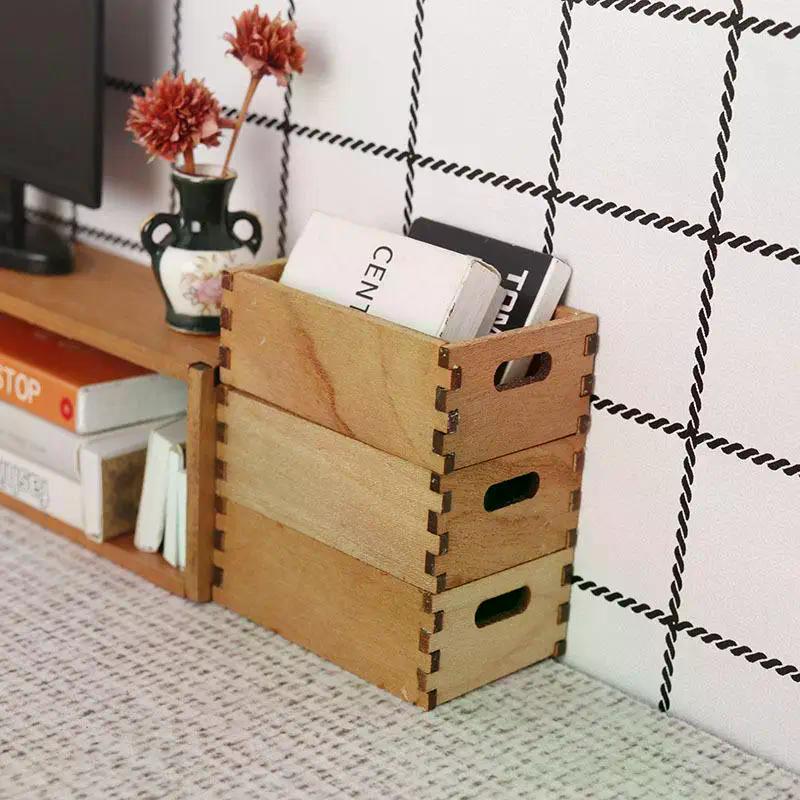 1/12 Dollhouse Mini Wooden Storage Basket Simulation Furniture Model Dolls House Micro Scene Decor Accessories