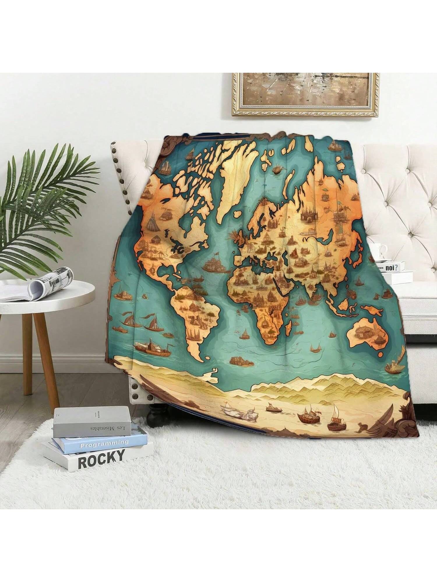 

Firmiso World Map Blanket Throw, Vintage Throw Blanket For Couch, Soft Flannel Fabric, Handhine Wash, 50_60 75X95CM серый