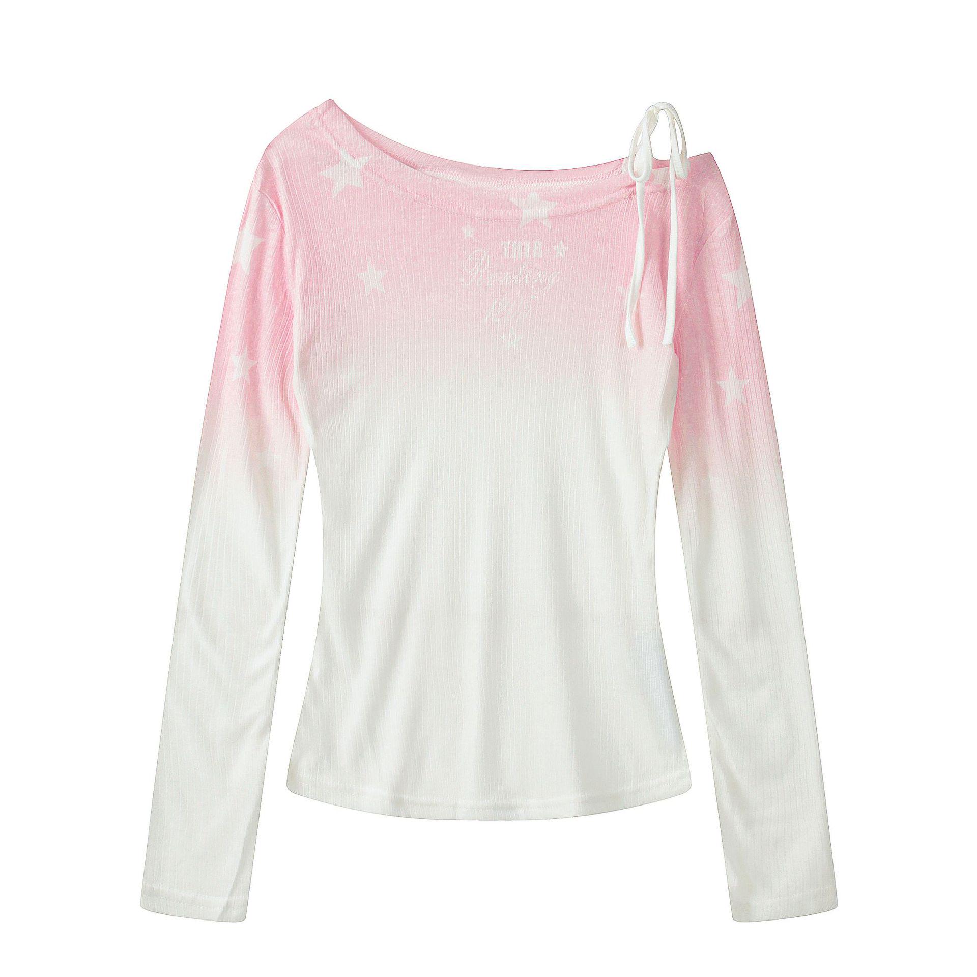 Design-Sense Gradient Spaghetti Strap One-Shoulder Women s Top – Stylish, Slightly Revealing Long Sleeve Small розовый