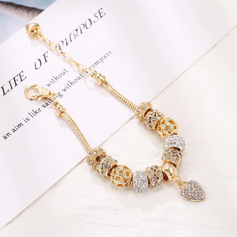 Gold Plated Charm Bracelet Diy Large Hole Beads Bracelet Rhinestone Heart Pendant Adjustable Chain Jewelry For Women Party Gift