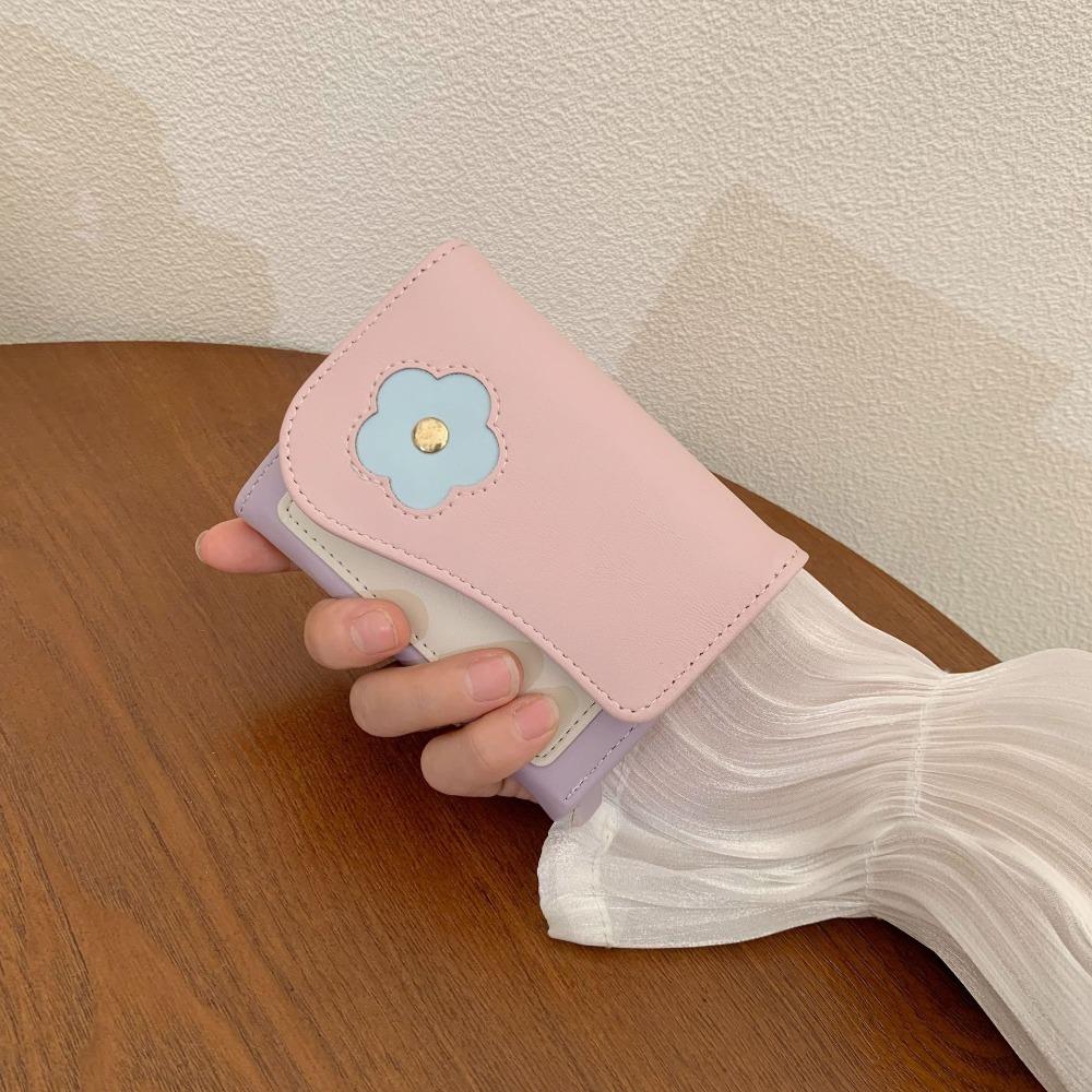 Flower Short Folding Card Bag PU Trifold Wallet Cute Color-matching Purse Travel