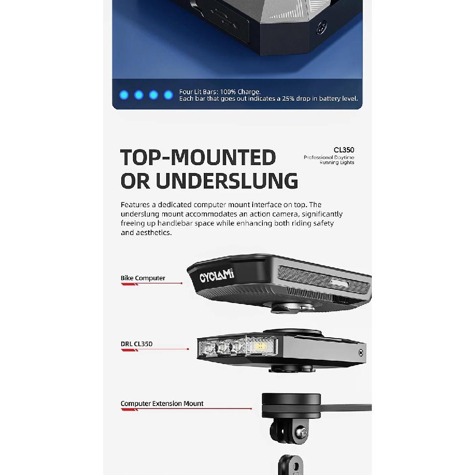 CYCLAMI CL350 Fahrradscheinwerfer für Garmin XOSS IGPSPORT Magene GPS G2 4000mAh Wiederaufladbare Fahrrad-Frontleuchte mit Gopro-Adapter