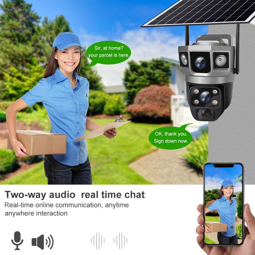 Solar-powered Surveillance Camera, HD 2-lens 3-screen Display, 10x Zoom, Automatic Human Detection Tracking, 4G/WIFI CCTV Recorder