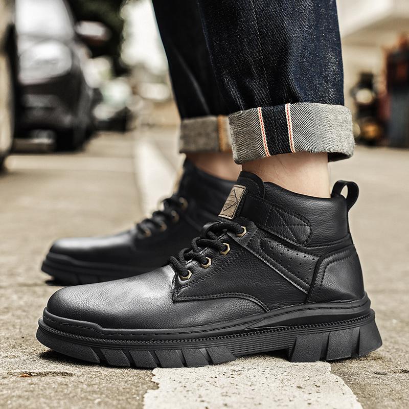 Britisk Stil Herre Fritidssko i Lær Business Herresko Snøring Høye Basic Støvler Merkevare Mann Vinter Motorsykkelstøvler