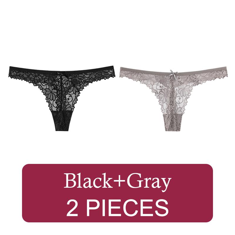 2 Pcs Sexy Lace Thong Low Waist Lace Transparent Panties Women Hollow Out Breathable G String Briefs Bow Underwear Lingerie