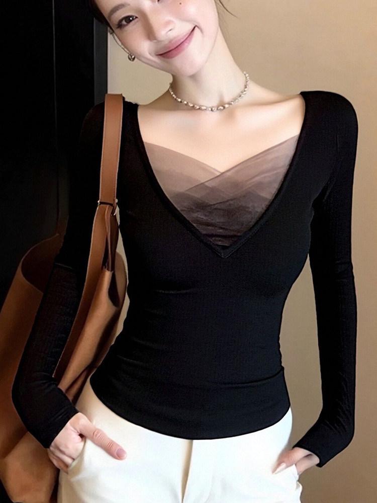 Korean Black Mesh V-Neck Long-Sleeve Women's Base Layer Top, Tight-Fit, Autumn/Winter