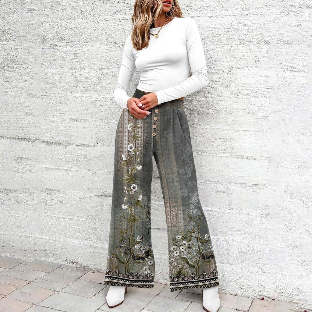 Damen Sommer Boho Palazzo Hose Hohe Taille Weites Bein Blumendruck Freizeithose Mit Taschen
