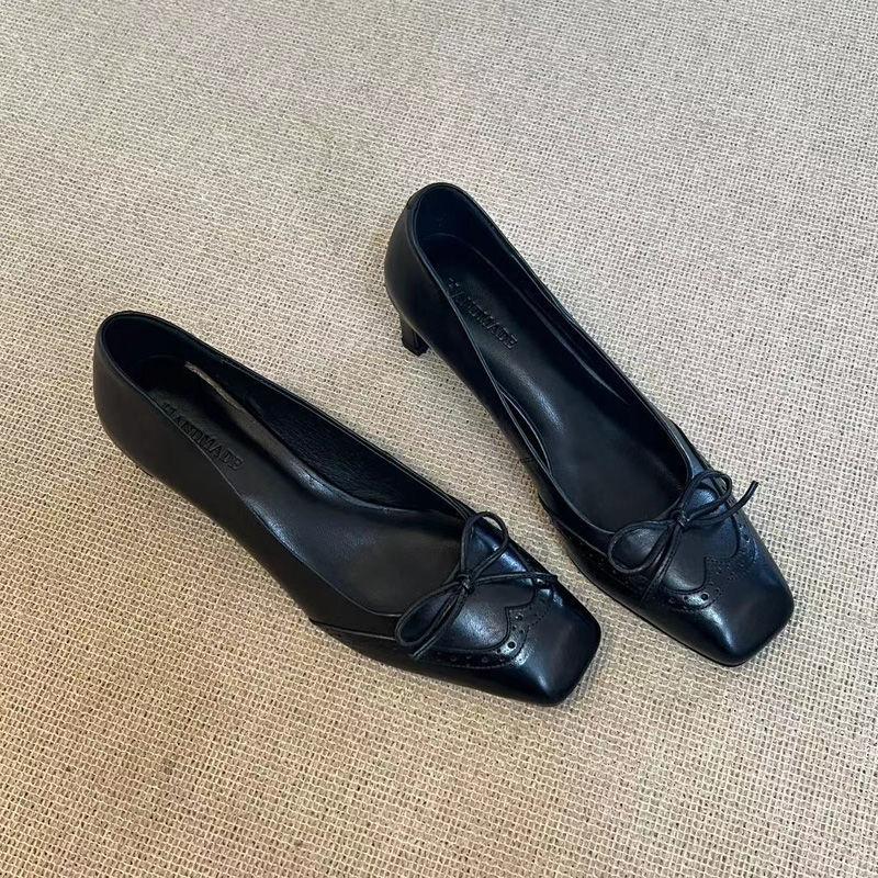 

Fashion bow square head single shoes women s spring and autumn 2025 shallow mouth one pedal thick heel flat Mary Jane shoes 40 чёрный
