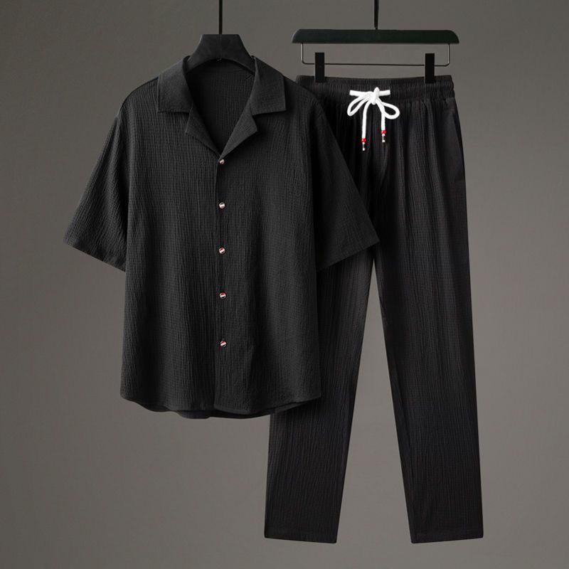 5-point Sleeve Casual Suit Men's Thin Linen Short Sleeved Sports Cotton Solid Color Chinese Style Two-piece Set Men