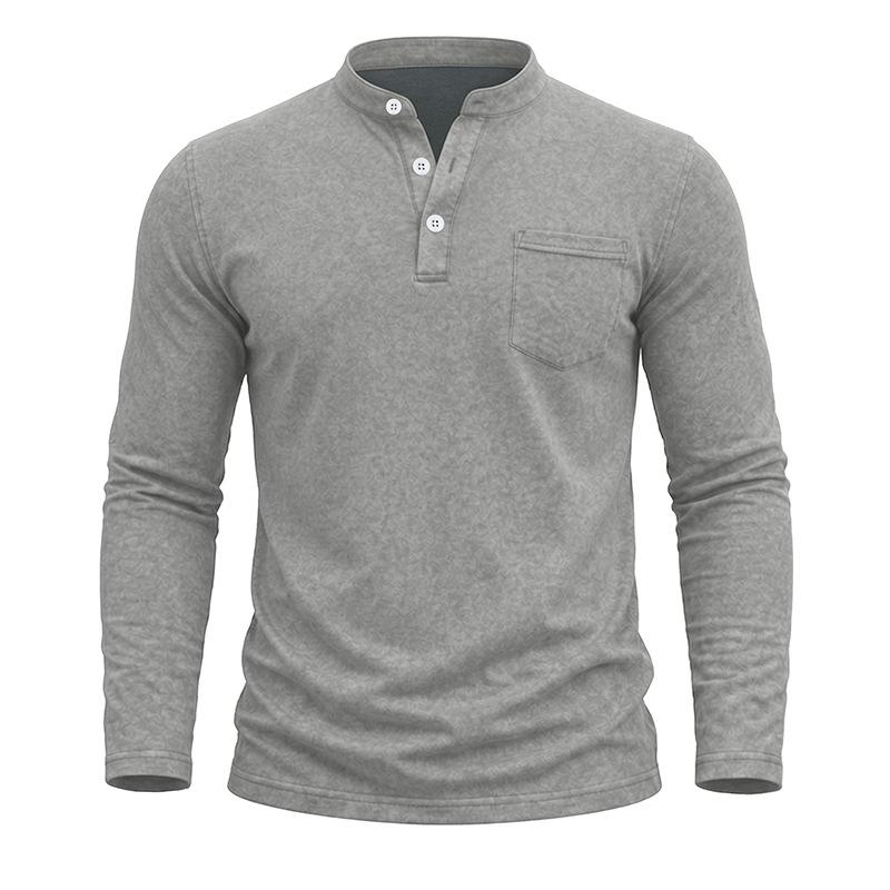Men S Vintage Washed Long Sleeve Stand Collar Henley Shirt