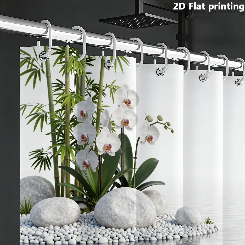 Zen Bamboo Orchid Water Garden Shower Curtain Machine Washable All Season Waterproof Privacy Protection Nature Design Peaceful