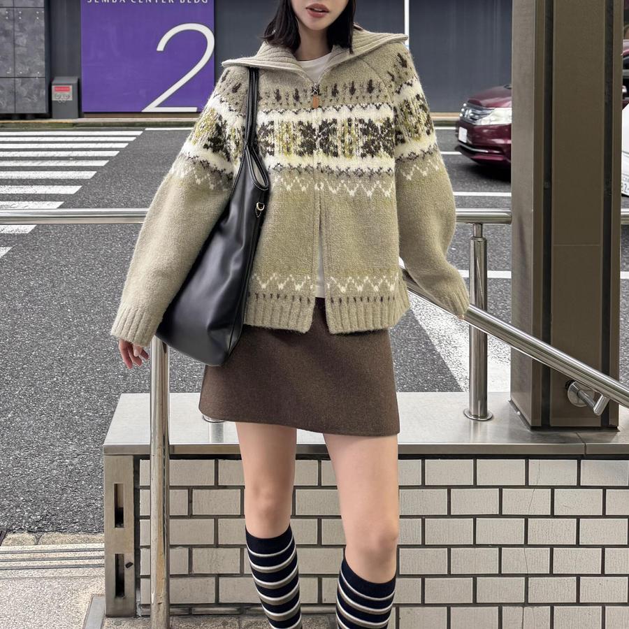 Sw Icelandic Wool Blend Fair Isle Color Blocked Cardigan Sweater Women's Winter New Style Zipper Knit S4MY064