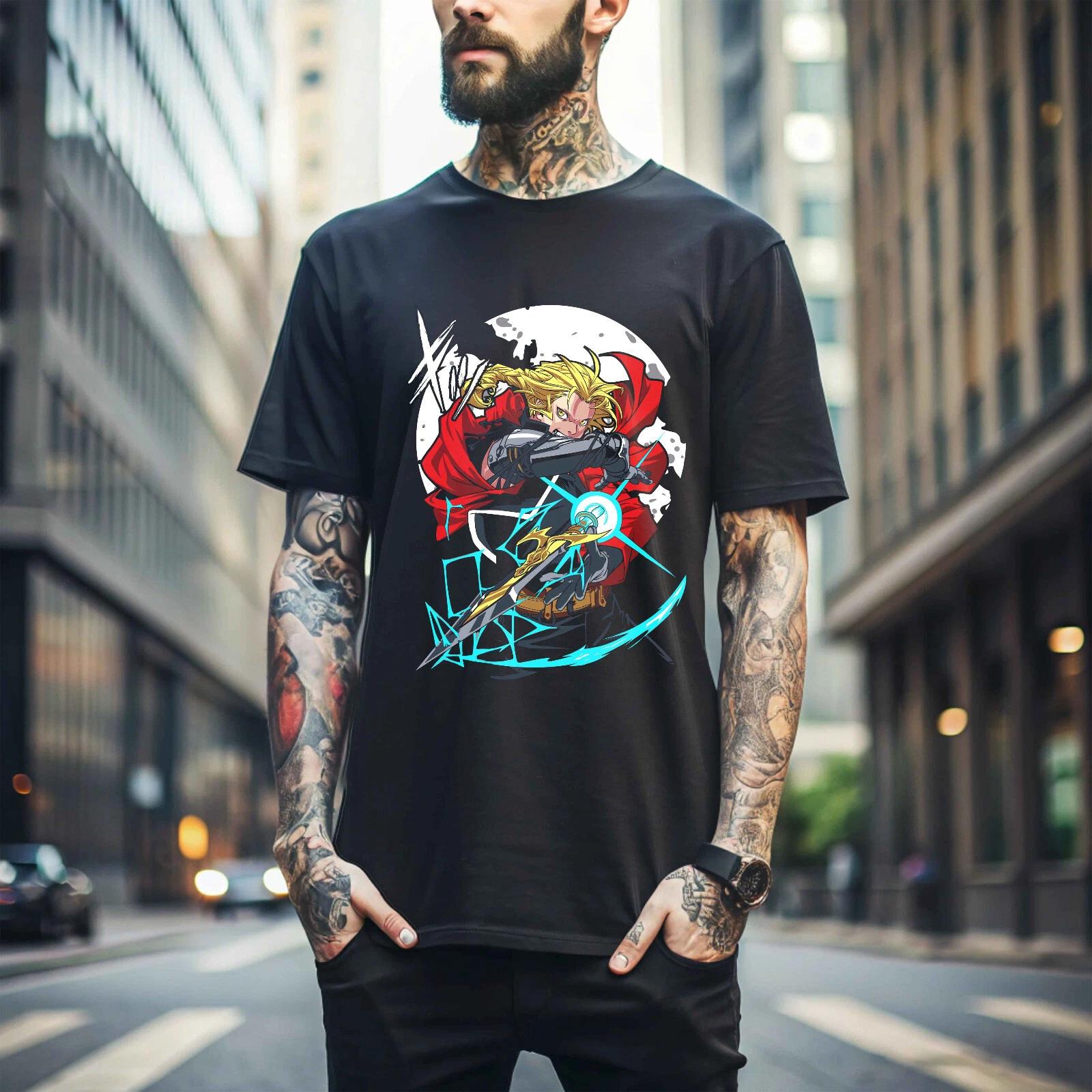 

100% cotton TOPS UNISEX TEES MENS WOMENS Fullmetal Alchemist T-Shirt Brotherhood Alphonse Elric Anime Gift Shirt 475 4XL чёрный