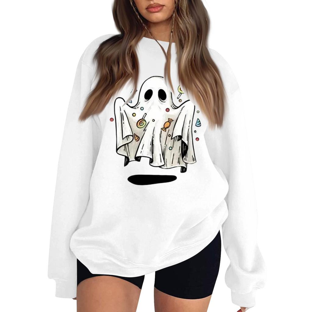 Women's Neck Long Sleeve Sweatshirt Casual Loose Fit Color Pullover with Halloween Print