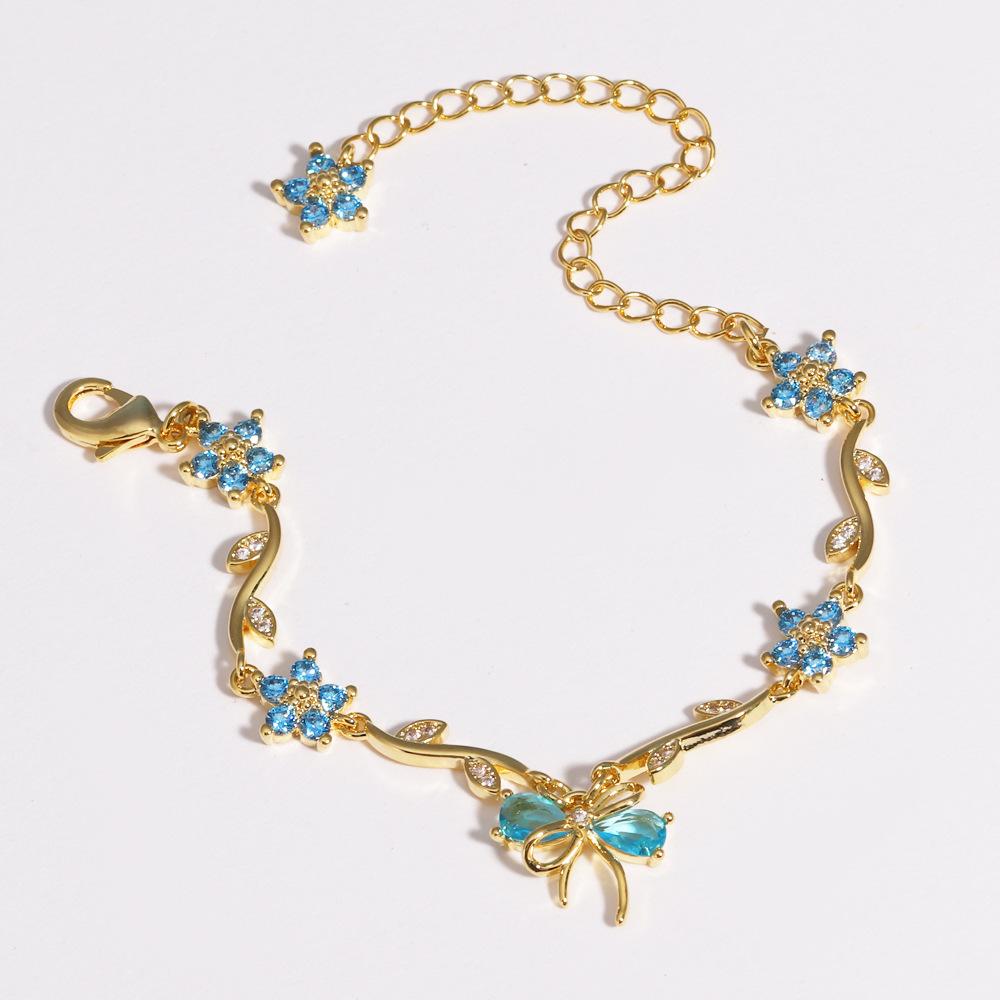 18K Real Gold Plated Brass Multi-Color Leaf CZ Trendy Tennis Bracelet Set Wavy Chain Bracelets with Assorted Gemstones