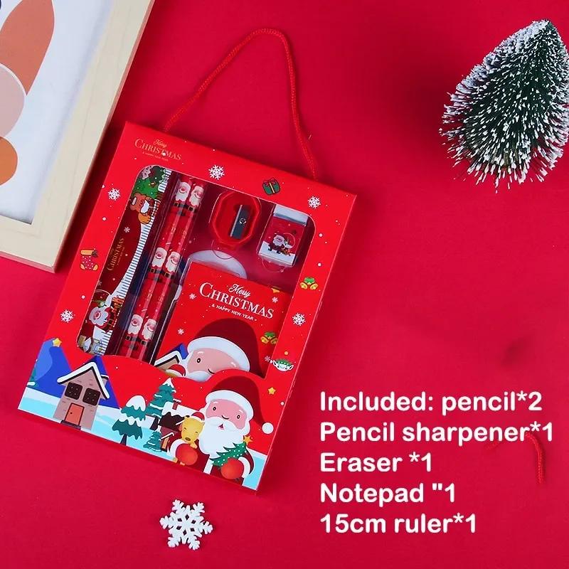 

6Pcs/set Christmas Stationery Series (Ruler +Pencil +Eraser +Pencil Sharpener +Memo pad )Kit Kids Stationery Gifts Students красный