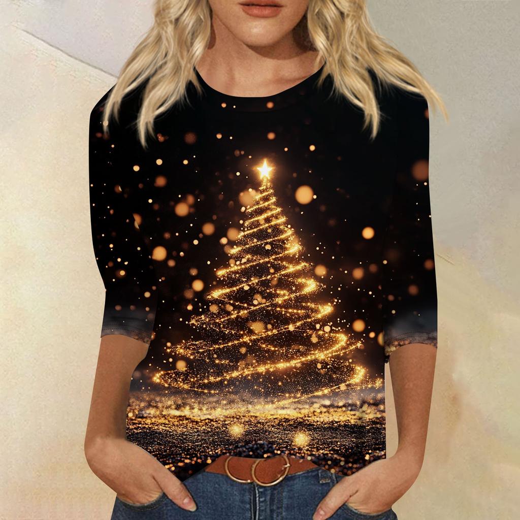 Women's Fashion Casual Seven Sleeve Christmas Printed Round Neck Top