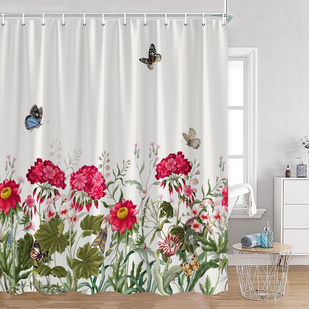 Floral Shower Curtain Colorful Flowers Birds Butterfly Botanical Green Leaves Bathroom Curtains Modern Bathtub Decor with Hooks