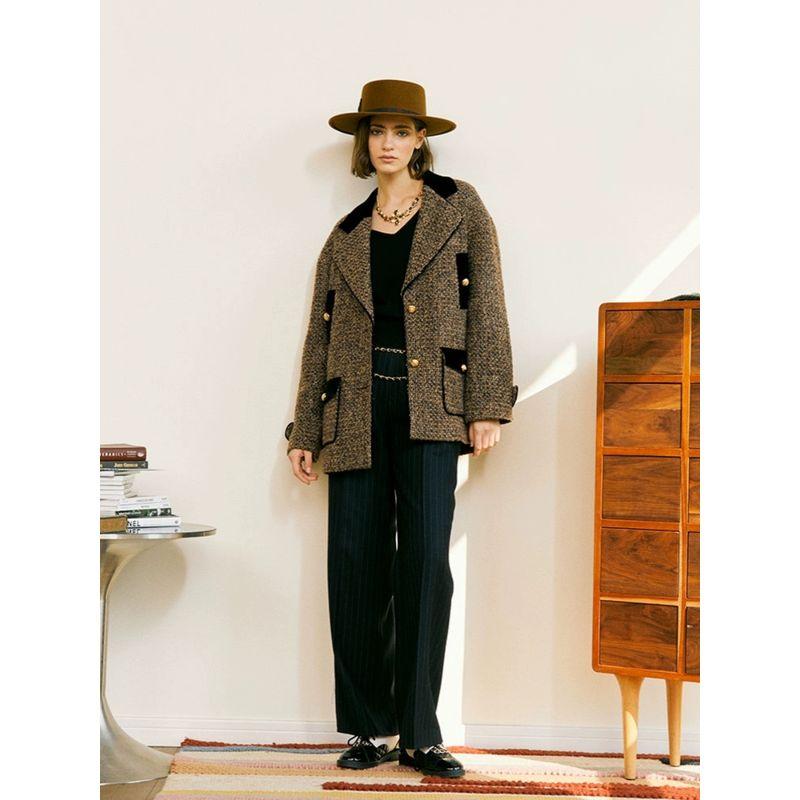 Blacknini/British Fabric with Various Styles and Details Patchwork Overcoat/Velvet Overcoat