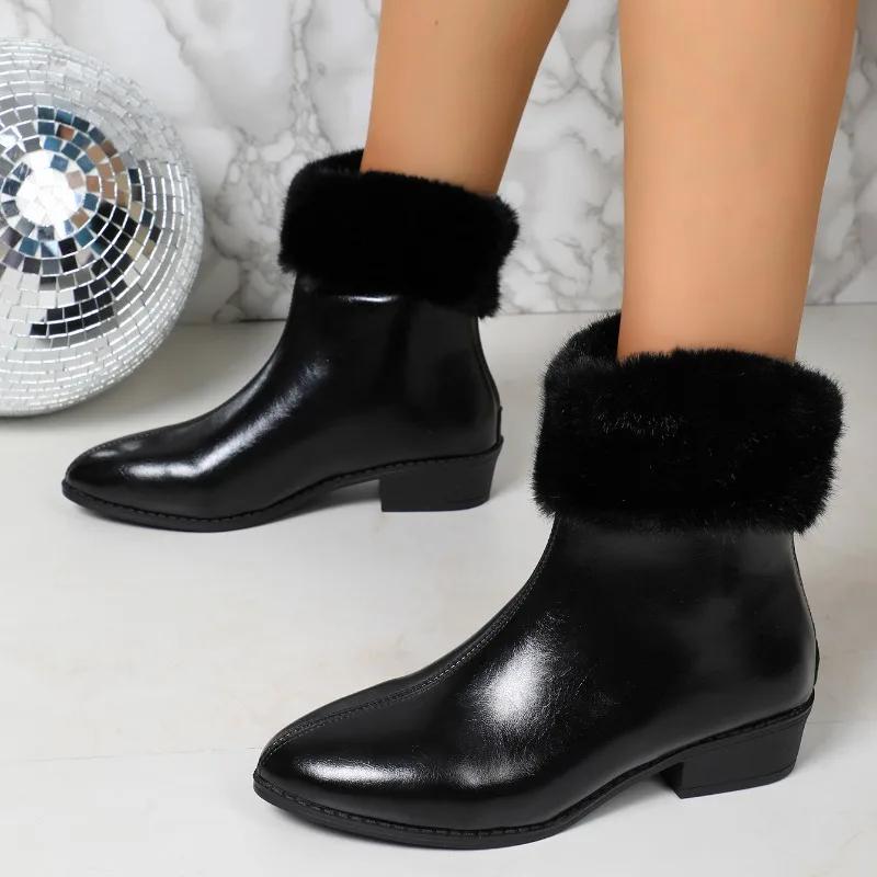 Shoes for Women New Patent Leather Bright Square Chunky Heels Women's Ankle Snow Boots with Faux Fur Platform Warm Simple Shoes