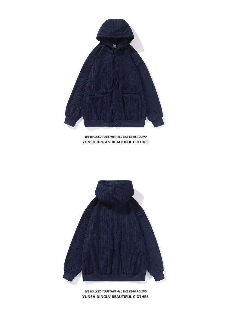 Men's Oversized Retro Waffle Knit Hooded Sweatshirt - Heavy-Weight Casual Jacket for Spring & Autumn by Trendy Brand