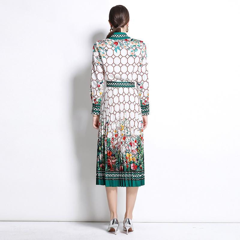 Spring Summer Designer Print Runway 2 Piece Set Women's Lapel Shirt Tops And Pleated Skirt Office Party Outfits
