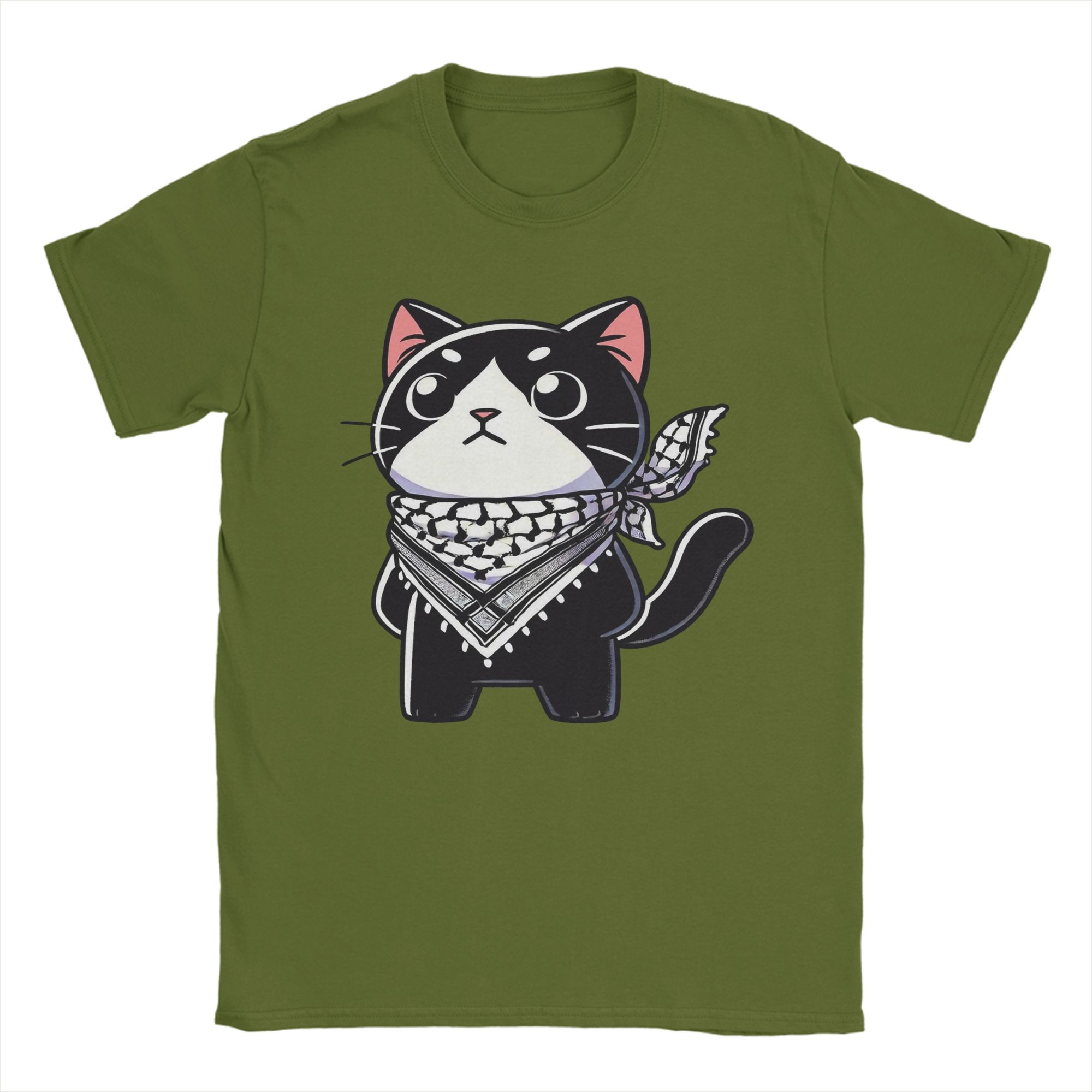 

Men Cute Cat Wearing the Keffiyeh T Shirts Pure Cotton Tops Humorous Short Sleeve Crewneck Tees Summer T-Shirt 4XL