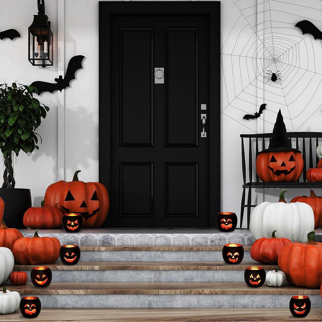 Halloween Table Decor Set of 6, Jack O Lanterns Black Glass Votive Tealight Candle Holders, Halloween Decorations Indoor Party Mantel Coffe Table