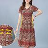 Vintage Floral Print Midi Dress for Women Short Sleeve Smocked Waist A-Line Dress Summer V Neck Swing Sundress