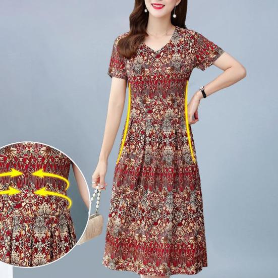 Vintage Floral Print Midi Dress for Women Short Sleeve Smocked Waist A-Line Dress Summer V Neck Swing Sundress