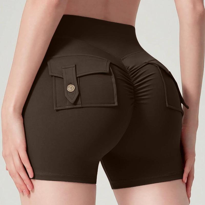 

Fitness sports tooling shorts women s high waist tight body hip pocket three-point pants nude yoga high elasticity thin body sculpting Xl（ 70-77.5kg ） темно-коричневого кольору