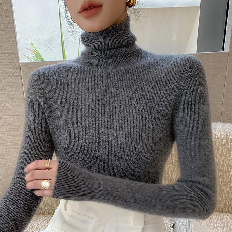 Women's Black Wool Semi-High Neck Base Layer Sweater - Soft, Comfortable, Slimming Fit for Autumn/Winter.