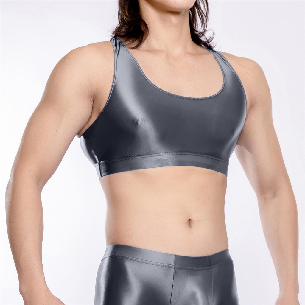 Sexy Men Stain Thin Sleeveless Tank Tops Oil Glossy Shiny Elastic Short Vest Sexy Tights Sheer See Through Top Candy Color
